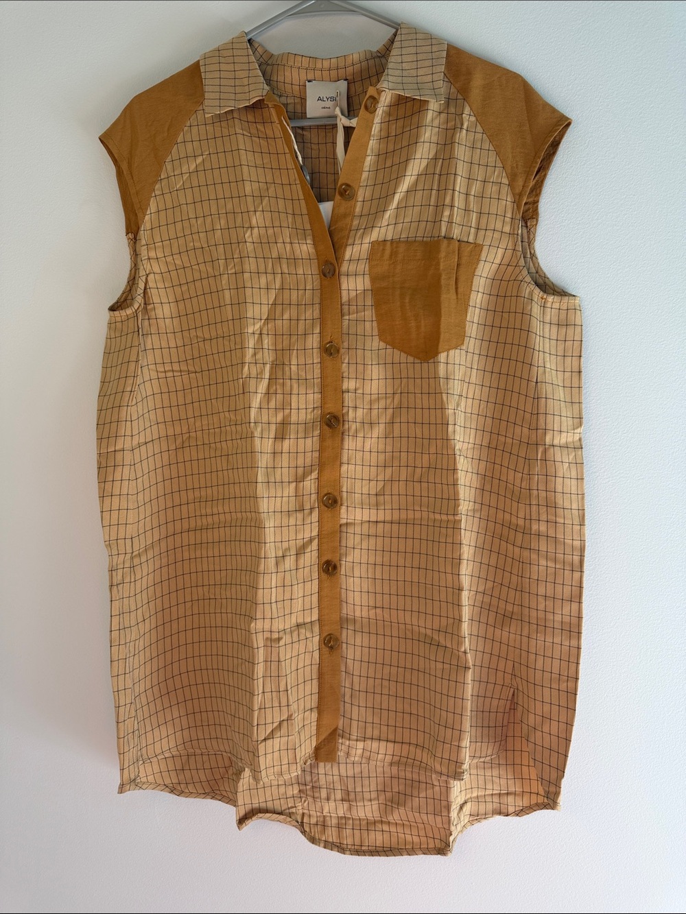 NWT Alysi Crème Sleeveless Micro-check Shirt in 'Pelle' / IT 44